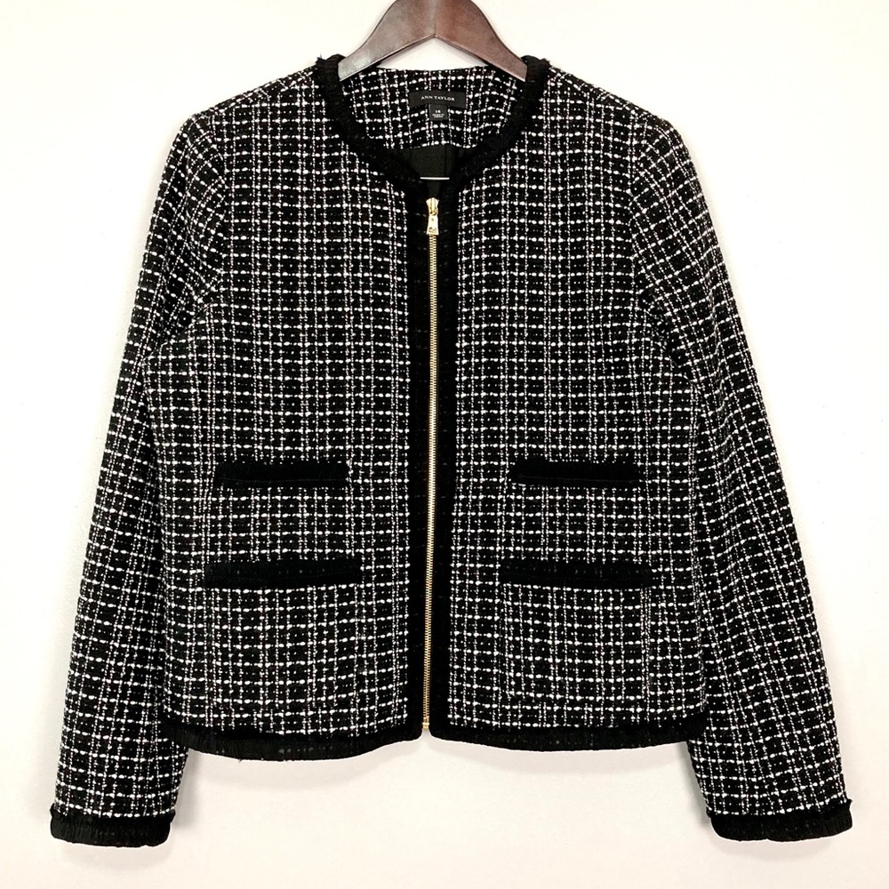 Ann Taylor Wool Black and White Tweed Blazer Zip Front Jacket 14